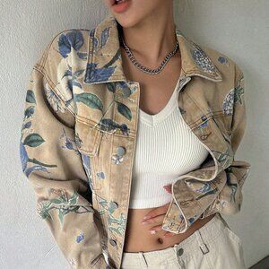 Multicolor Casual Womens Floral Print Drop Shoulder Denim Jacket